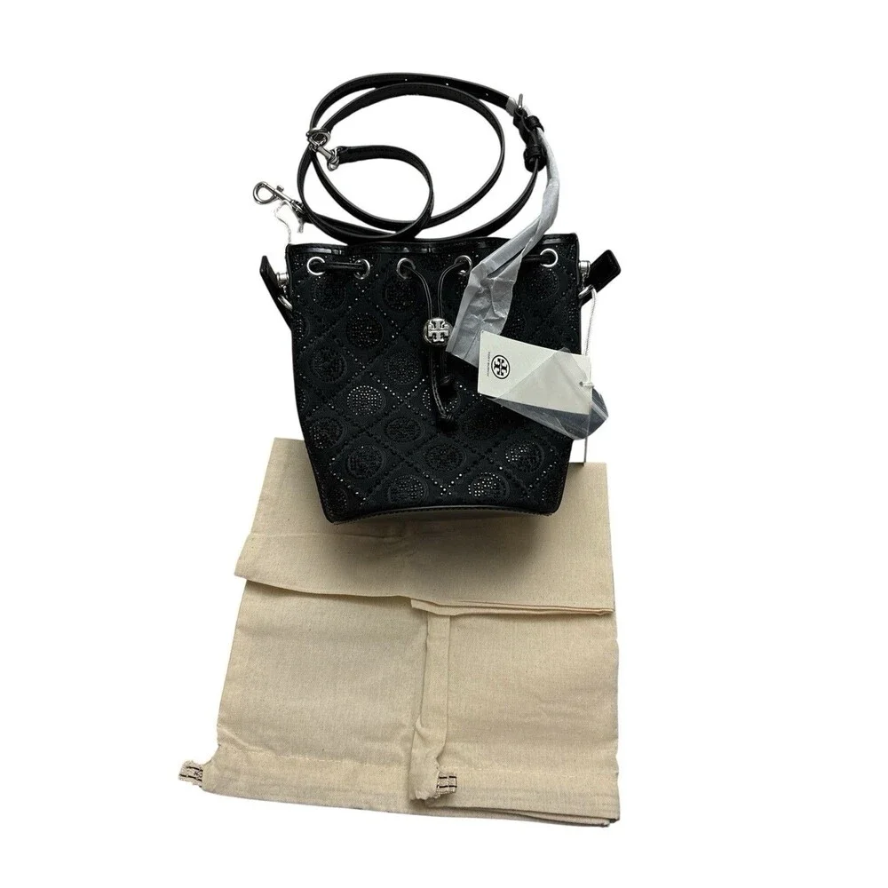 Tory Burch Mini T-Monogram Hot Fix Jacquard Top Handle Bucket In Black New